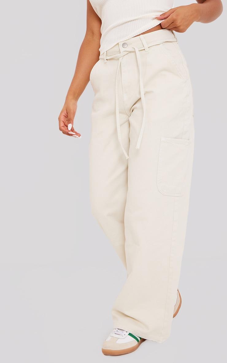 Ecru Tie Waistband Detail Wide Leg Jeans Product Image