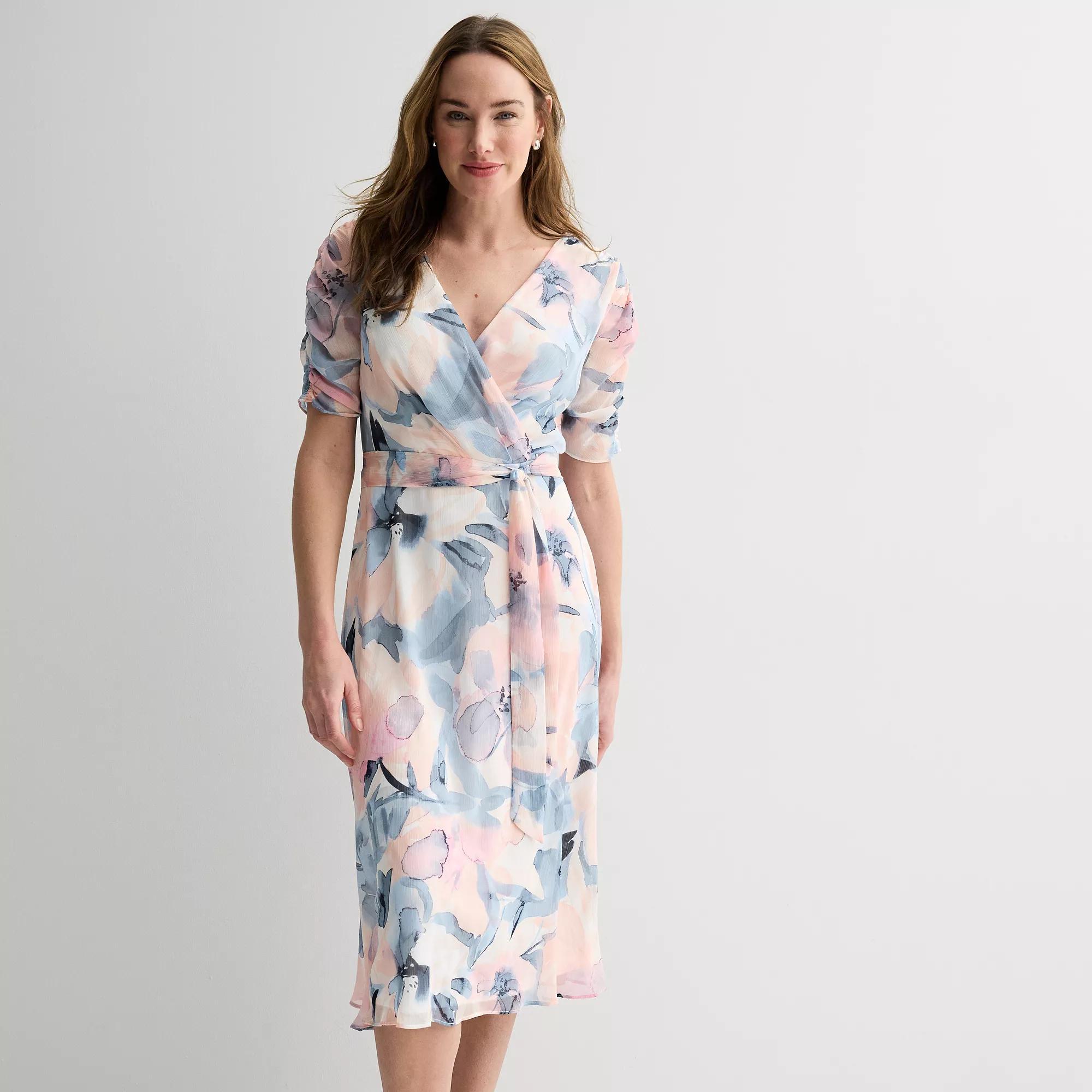 Women's Harper Rose Short Sleeve Surplice Belted Midi Dress, Size: 12, White Print Product Image