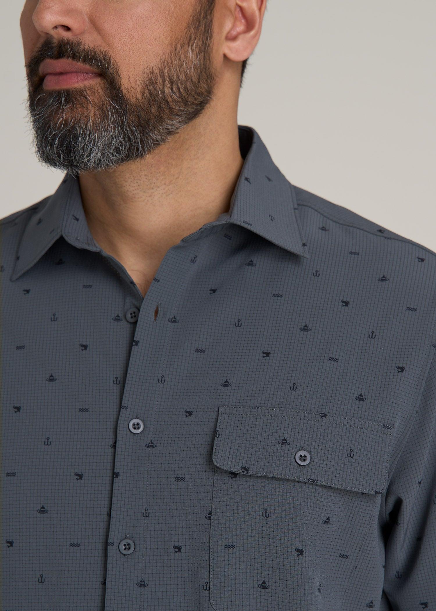 LJ&S Great Lakes Sport Shirt for Tall Men in Fishing Icon Print Product Image