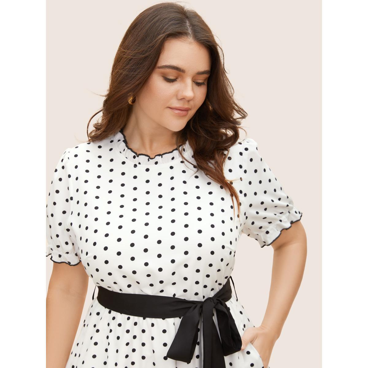Plus Size Bow Polka Dot Midi Dress Originalwhite Women Elegant Belted Mock Neck Short sleeve Curvy BloomChic 30/6X Product Image