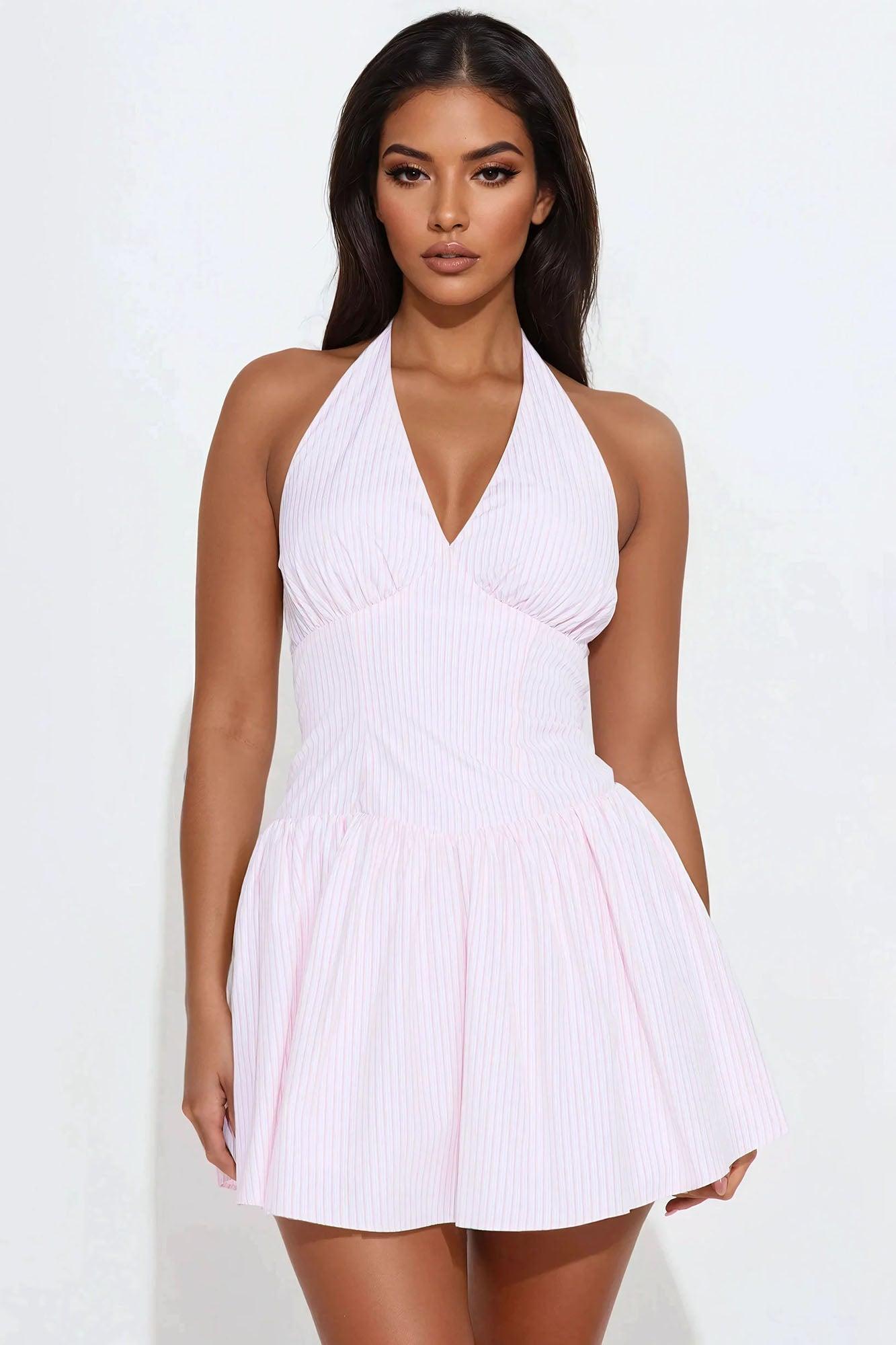 Edwina Striped Halter Mini Dress - Blush/combo Product Image