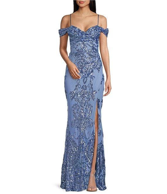 B. Darlin Sequin Pattern Off The Shoulder Spaghetti Strap Bustier Dress Product Image