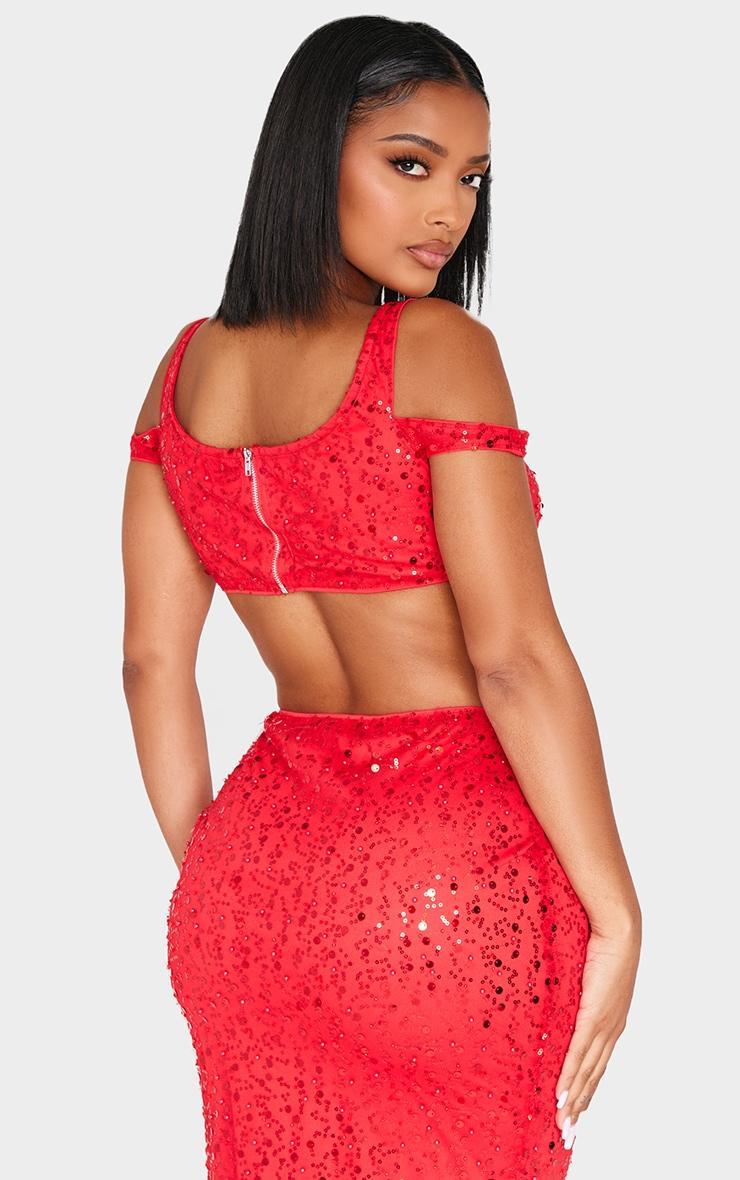 Shape Red Pearl Sequin Bardot Strappy Crop Top Product Image