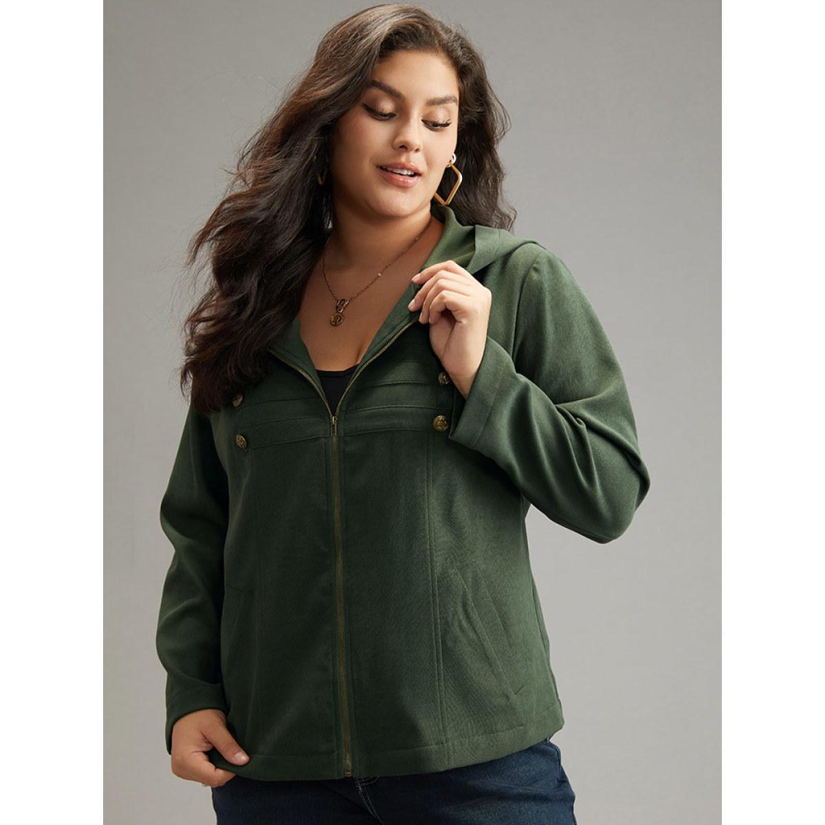 Plus Size Solid Metal Detail Hooded Zipper Jacket Women ArmyGreen Casual Plain Ladies Everyday Winter Coats BloomChic 30/6X Product Image