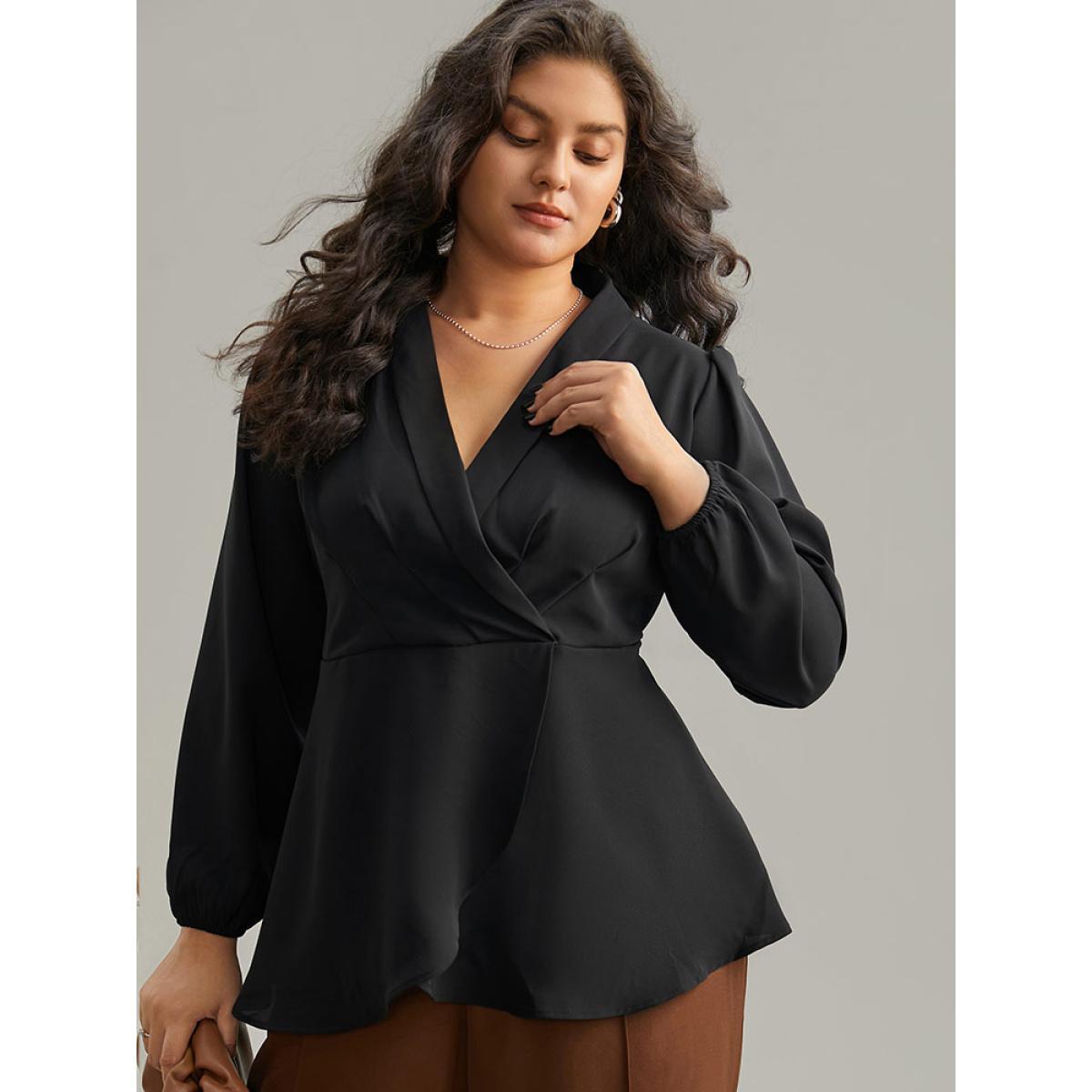 Plus Size Black Static-Free Plain Pleated Wrap Blouse Women Office Long Sleeve V-neck Dailywear Blouses BloomChic 22-24/3X Product Image
