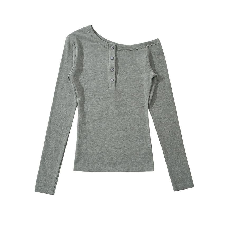 Cold-Shoulder Long-Sleeve Plain Henley Tee Product Image