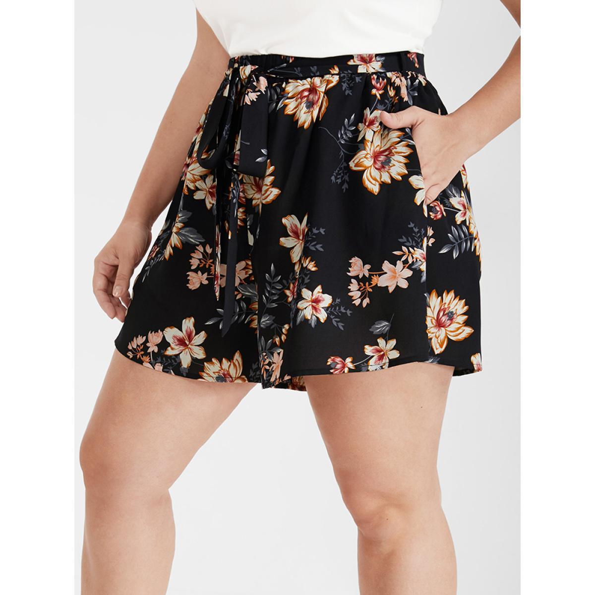 Plus Size Floral Belted Pocket Elastic Waist Shorts Women BlackFlower Casual Belted Dailywear Shorts BloomChic 10/M Product Image