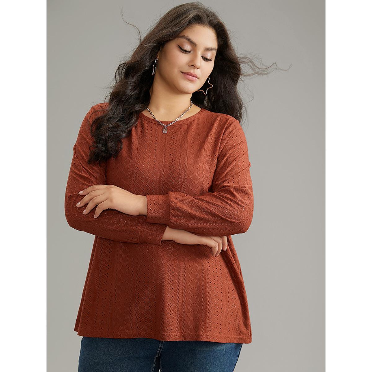 Plus Size Solid Crew Neck Broderie Anglaise T-shirt OrangeRed Women Casual Texture Plain Round Neck Dailywear T-shirts BloomChic 14-16/1X Product Image