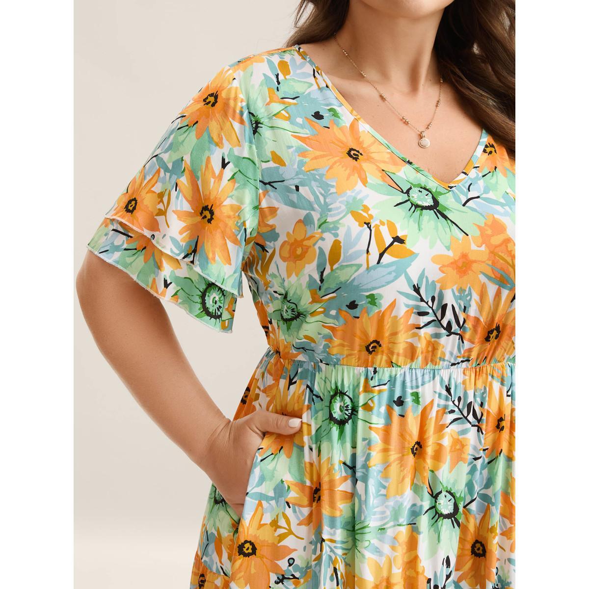 Plus Size Floral Print Rayon Pockets Tiered Midi Dress Beige Women V-neck Short sleeve Curvy BloomChic 26/4X Product Image