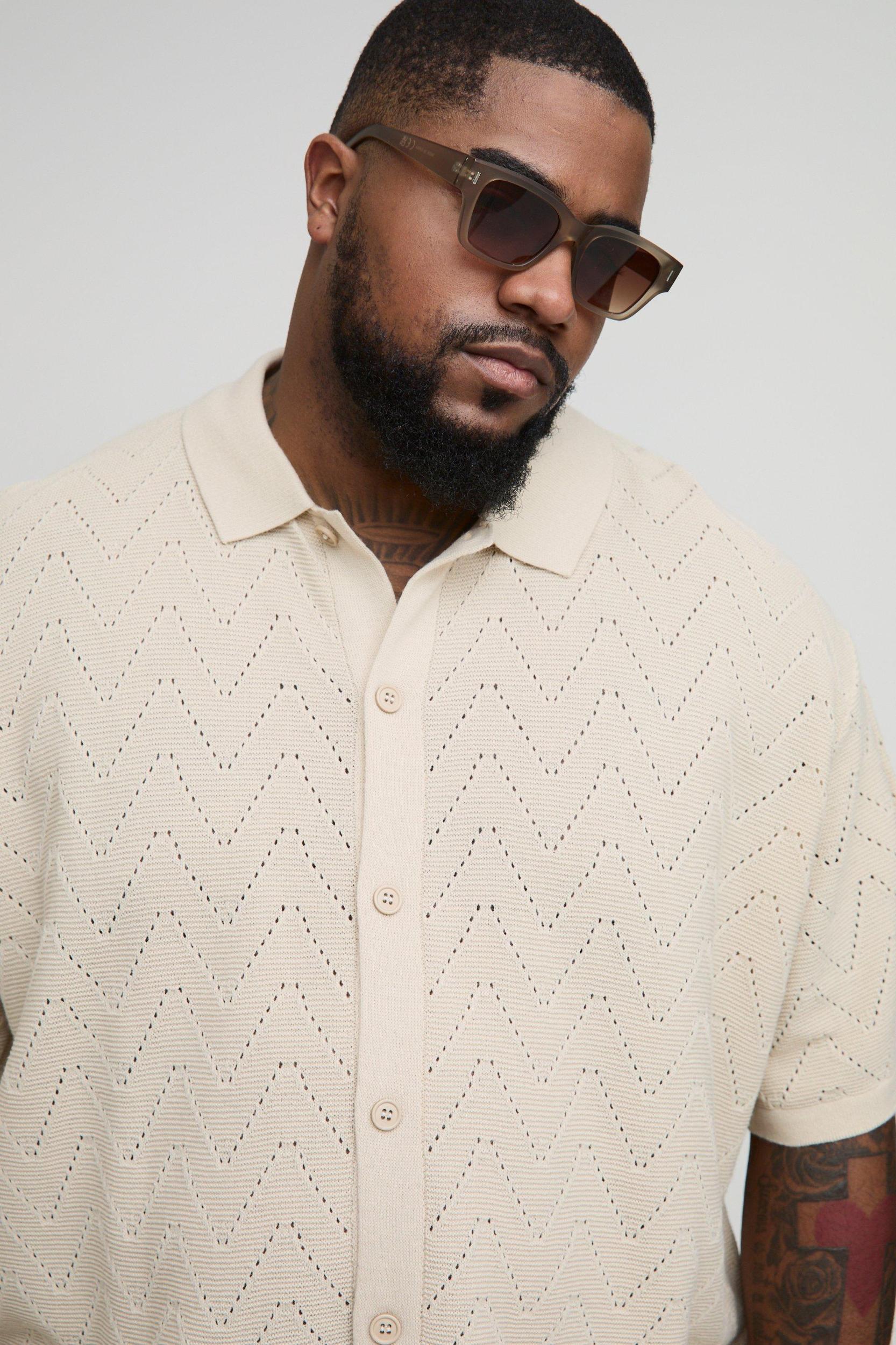 Plus Short Sleeve Boxy Open Stitch Knitted Shirt | boohooMAN USA Product Image