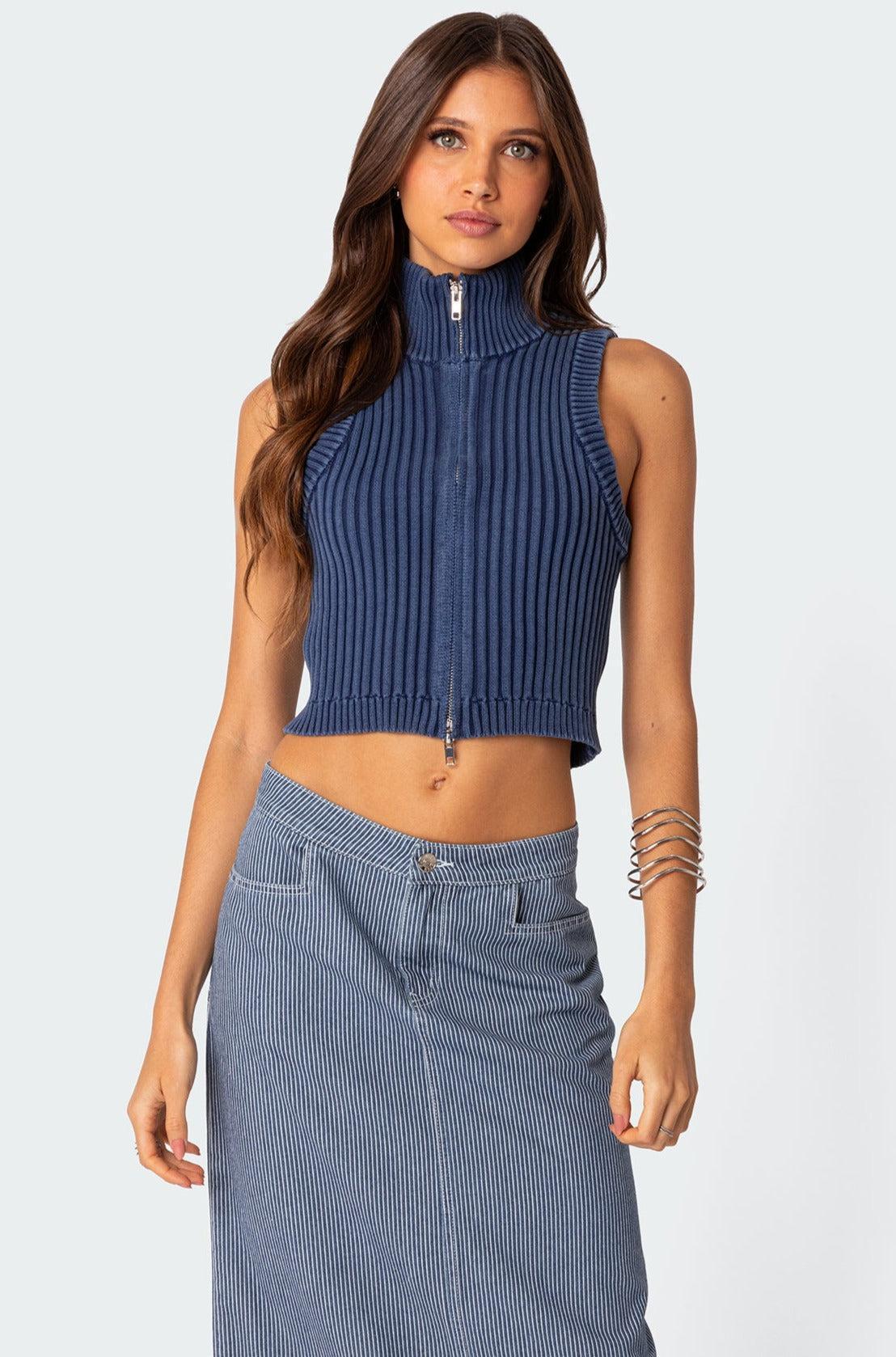 Washed Zip Up Knit Tank Top Product Image