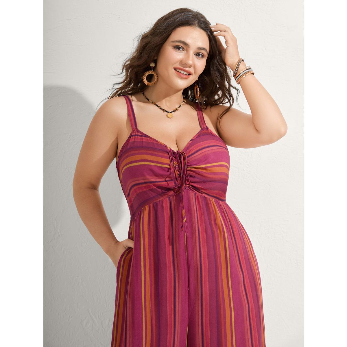 Plus Size Russet Rayon Stripe Print Stretchy Hem Cami Jumpsuit Women Sleeveless V-neck Vacation Loose Jumpsuits BloomChic 10/M Product Image