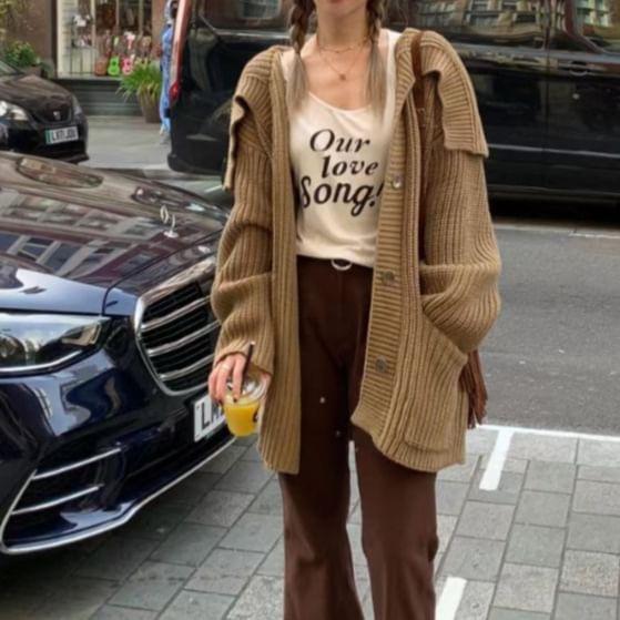 Sailor Collar Plain Button-Up Oversized Cardigan Product Image