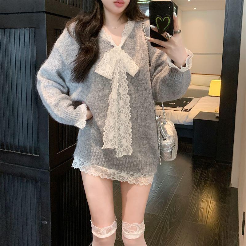 V-Neck Mock Two-Piece Lace Panel Tie Front Oversized Sweater Product Image