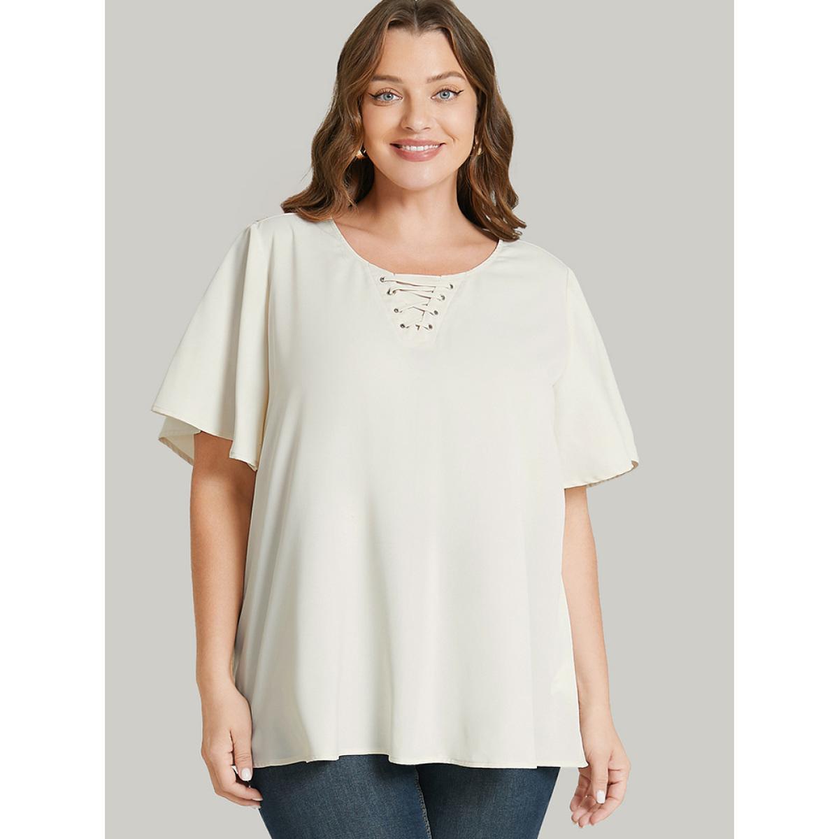 Plus Size Ivory Solid Ruffle Sleeve Crisscross Neck Blouse Women Office Short sleeve Round Neck Work Blouses BloomChic 28/5X Product Image