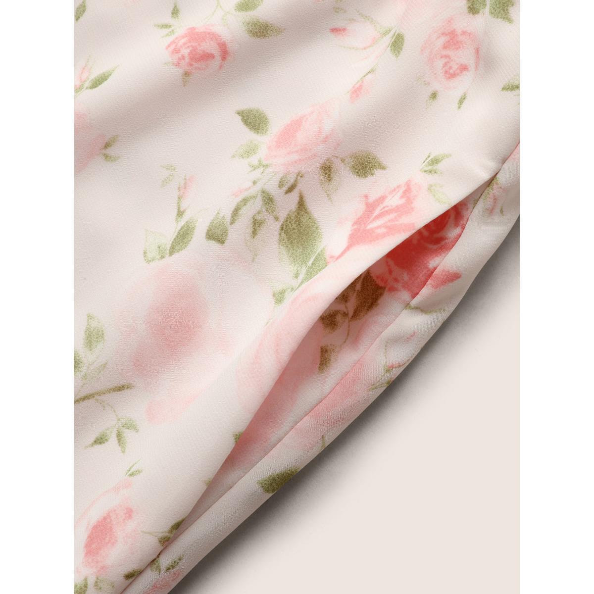 Plus Size Chiffon Floral Patchwork Ruffle Trim Midi Dress Nudepink Women Elegant Belted V-neck Cap Sleeve Curvy BloomChic 18-20/2X Product Image