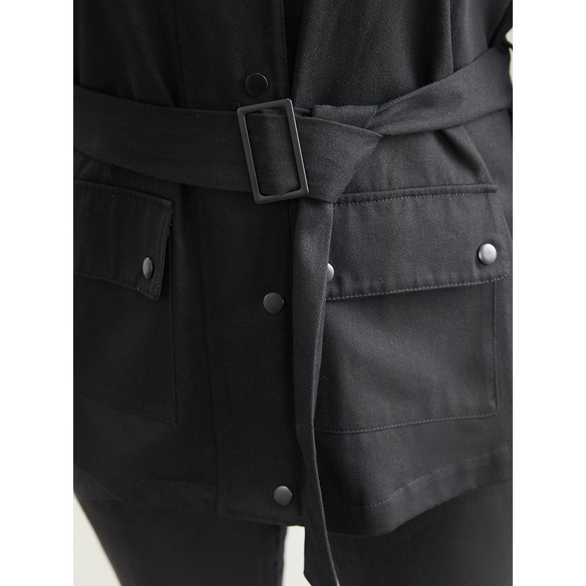 Plus Size Cotton Solid Belted Flap Pocket Coat Women Black Casual Plain Ladies Dailywear Winter Coats BloomChic 22-24/3X Product Image