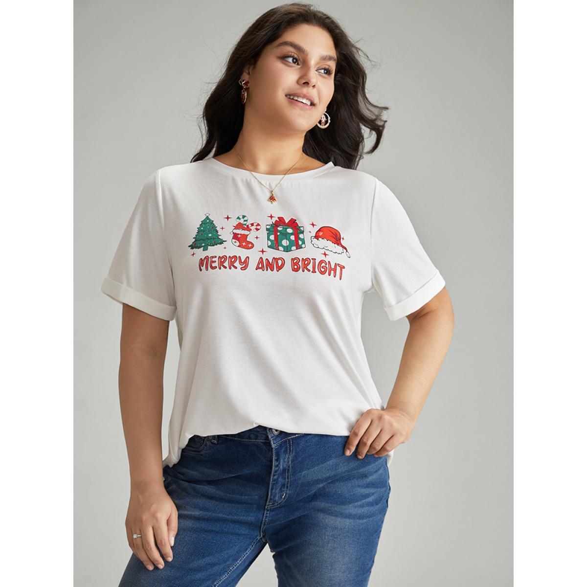 Plus Size Christmas Print Round Neck T-shirt White Women Casual Printed Christmas Festival-Christmas T-shirts BloomChic 26/4X Product Image