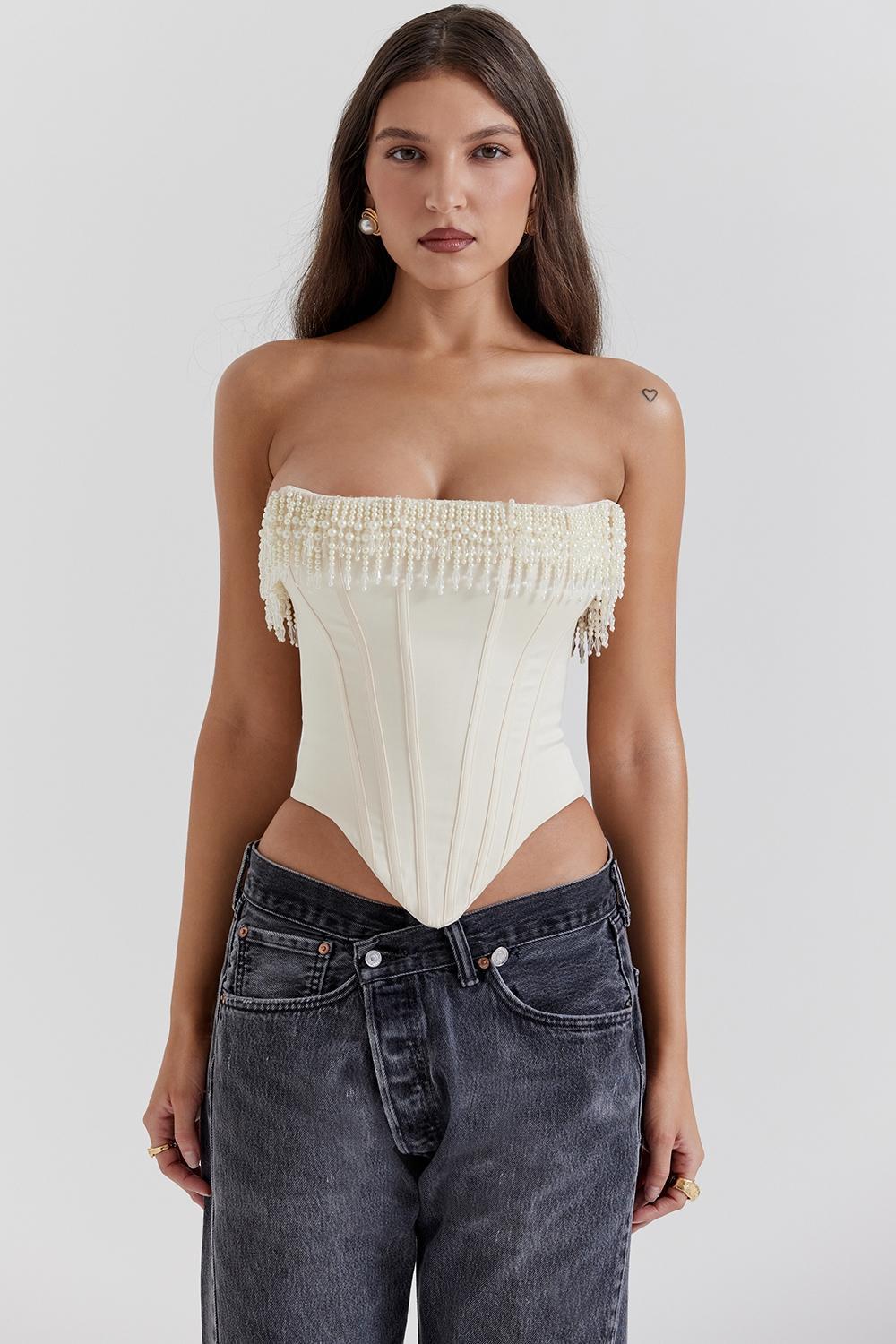 Aubrie Vintage Cream Embellished Satin Corset Product Image