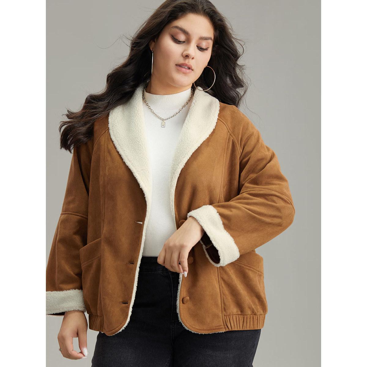 Plus Size Contrast Lapel Collar Patched Pocket Jacket Women Bronze Contrast Pocket Dailywear Jackets BloomChic 12/L Product Image