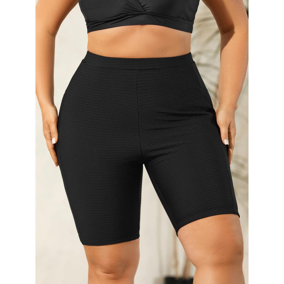 Plus Size Textured Side Pockets Sculpting Swim Bottoms Women's Swimwear Black Beach Texture High stretch Skinny High Rise Side seam pocket Curve Swim Bottoms BloomChic 28/5X Product Image