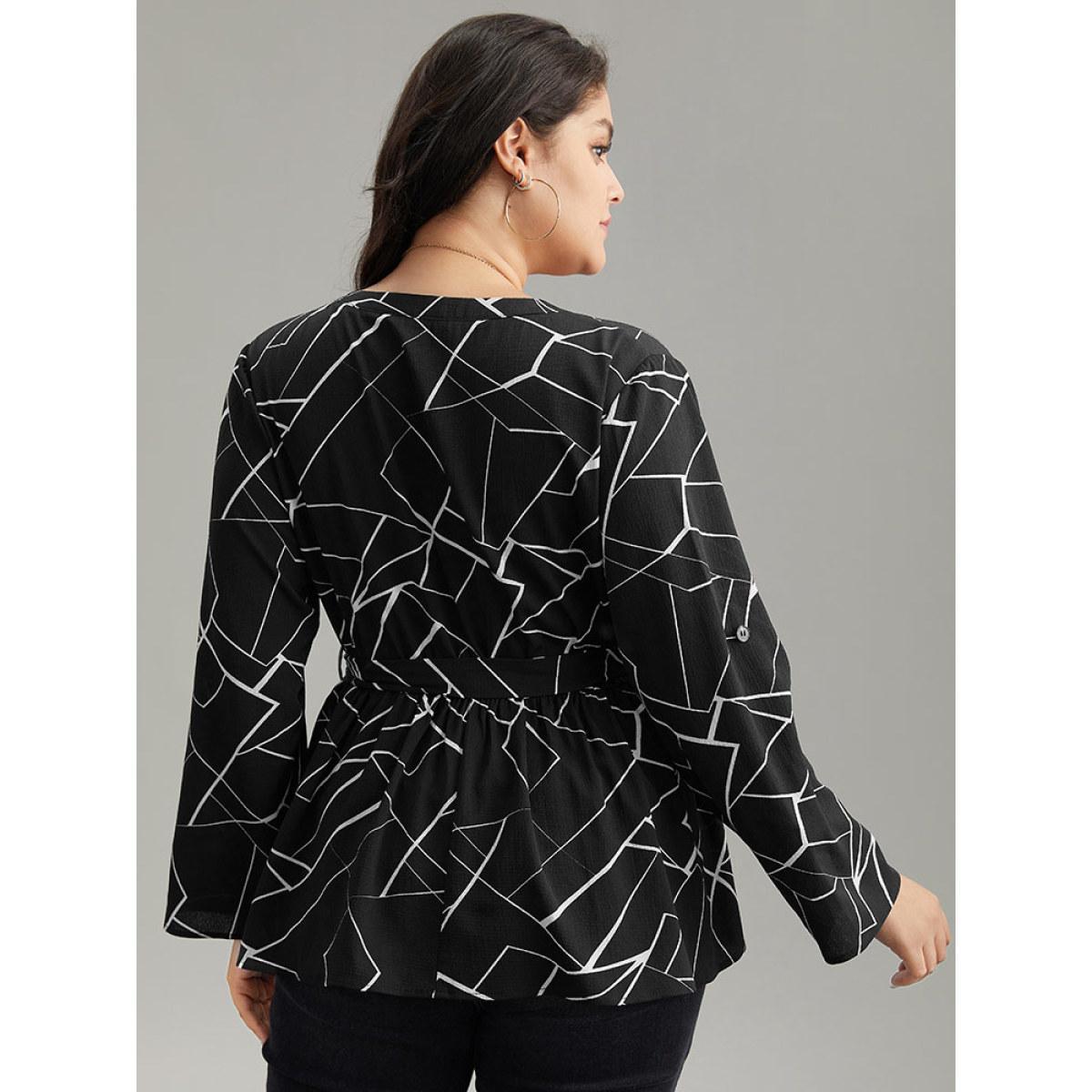Plus Size Black Geometric Print Tab Sleeve Belted Wrap Blouse Women Office Long Sleeve V-neck Work Blouses BloomChic 10/M Product Image