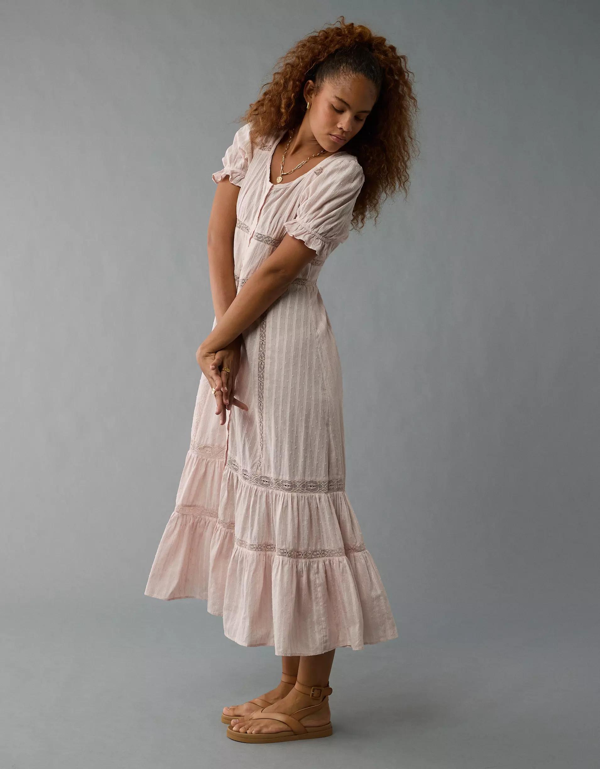AE Lace Puff-Sleeve Button-Up Midi Dress Product Image