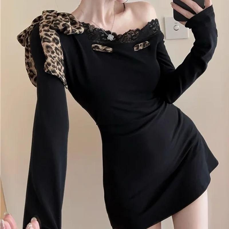 Long Sleeve One Shoulder Leopard Print Bow Panel Lace Mini A-Line Dress Product Image