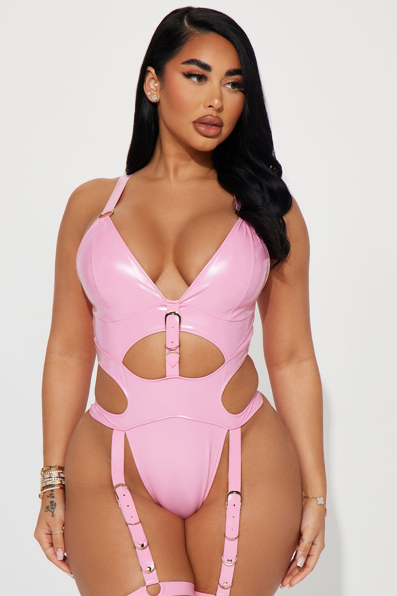 Secretly Naughty Vinyl Strappy Garter Teddy - Pink Product Image