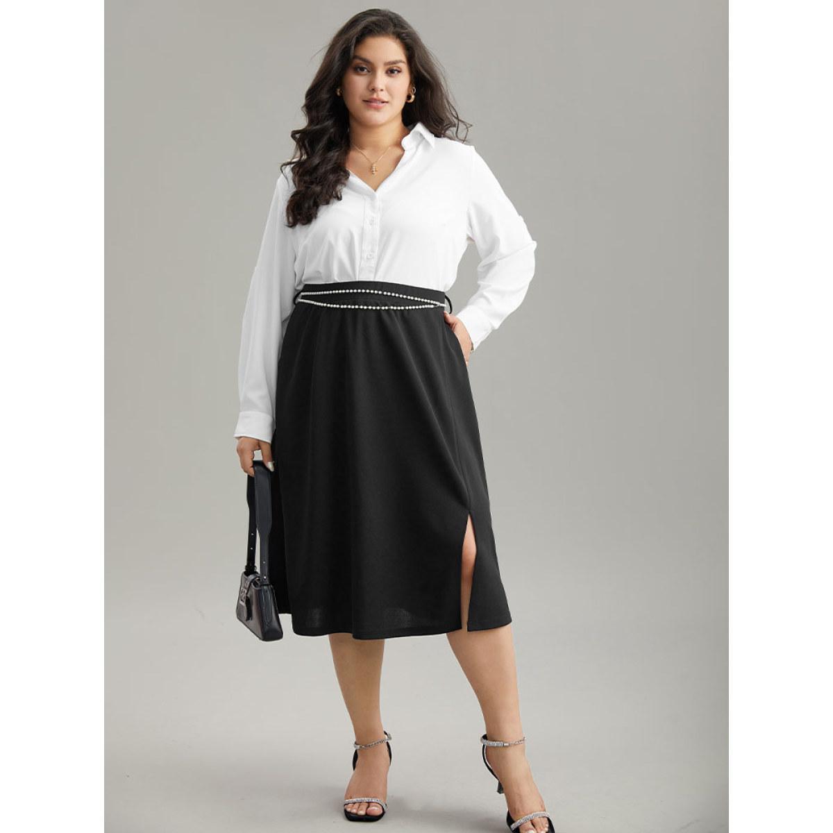 Plus Size Plain Pearl Beaded Detail Split Side Skirt Women Black Office Style accents No stretch Belt Work Skirts BloomChic 26/4X Product Image