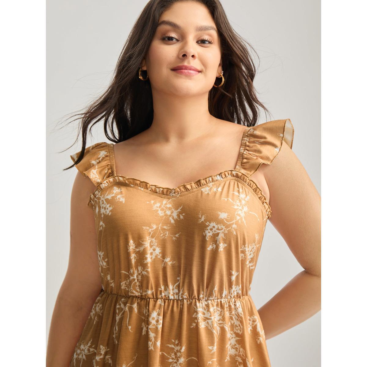 Plus Size Silhouette Floral Flutter Tank Top Women Tan Gathered Heart neckline Everyday-Elegant Tank Tops Camis BloomChic 10/M Product Image