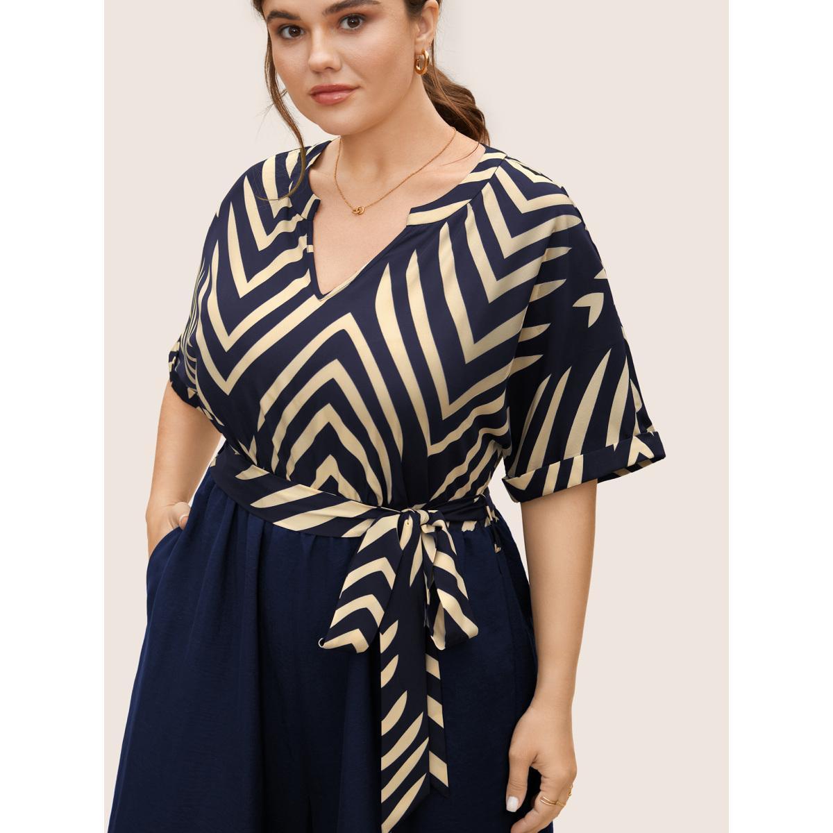 Plus Size Navy Striped Patchwork Knot Cuffed Sleeve Jumpsuit Women Work From Home Half Sleeve Flat collar with V-notch Work Loose Jumpsuits BloomChic 12/L Product Image