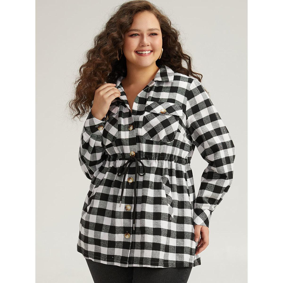 Plus Size Halloween Plaid Drawstring Pocket Button Through Coat Women Black Drawstring Pocket Dailywear Jackets BloomChic 26/4X Product Image