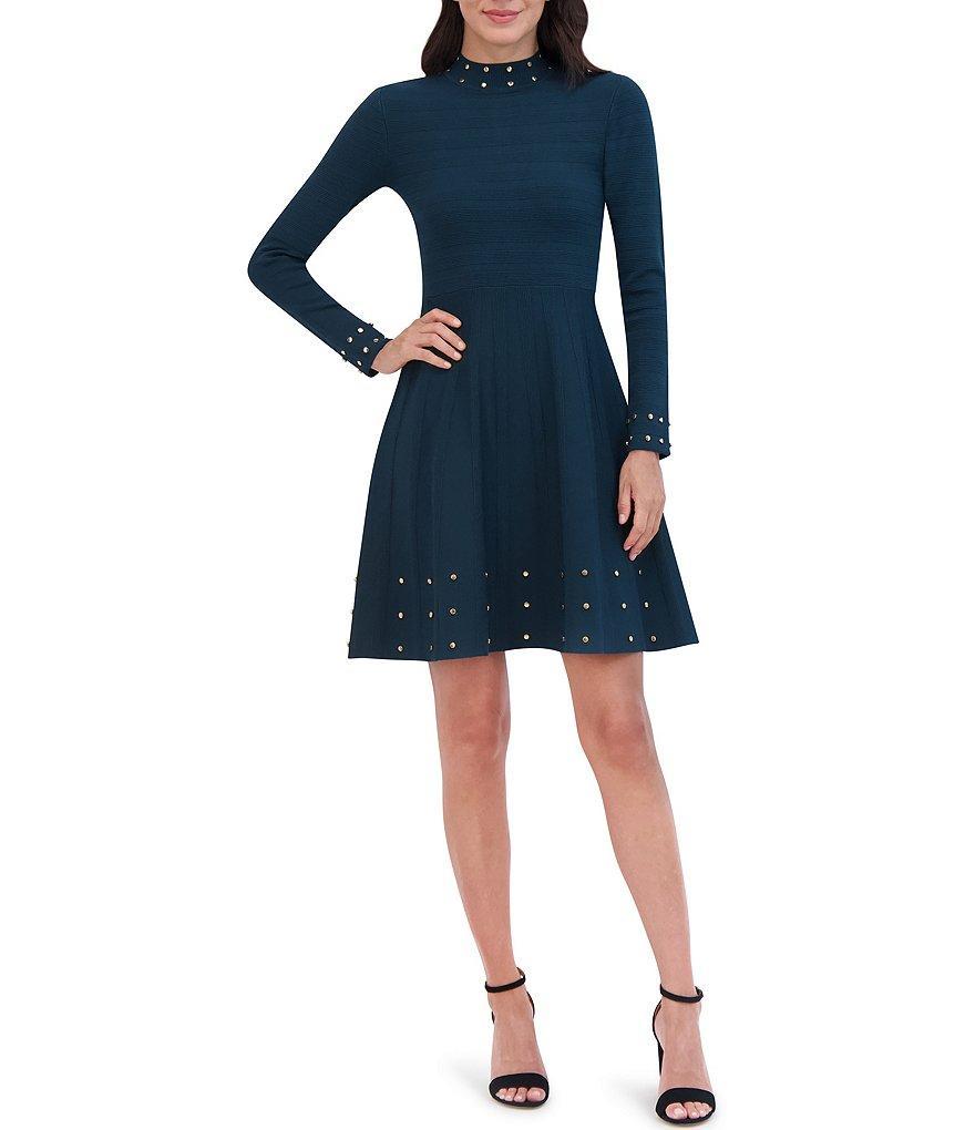 Vince Camuto Long Sleeve Mock Neck Studded Fit And Flare Dress Product Image