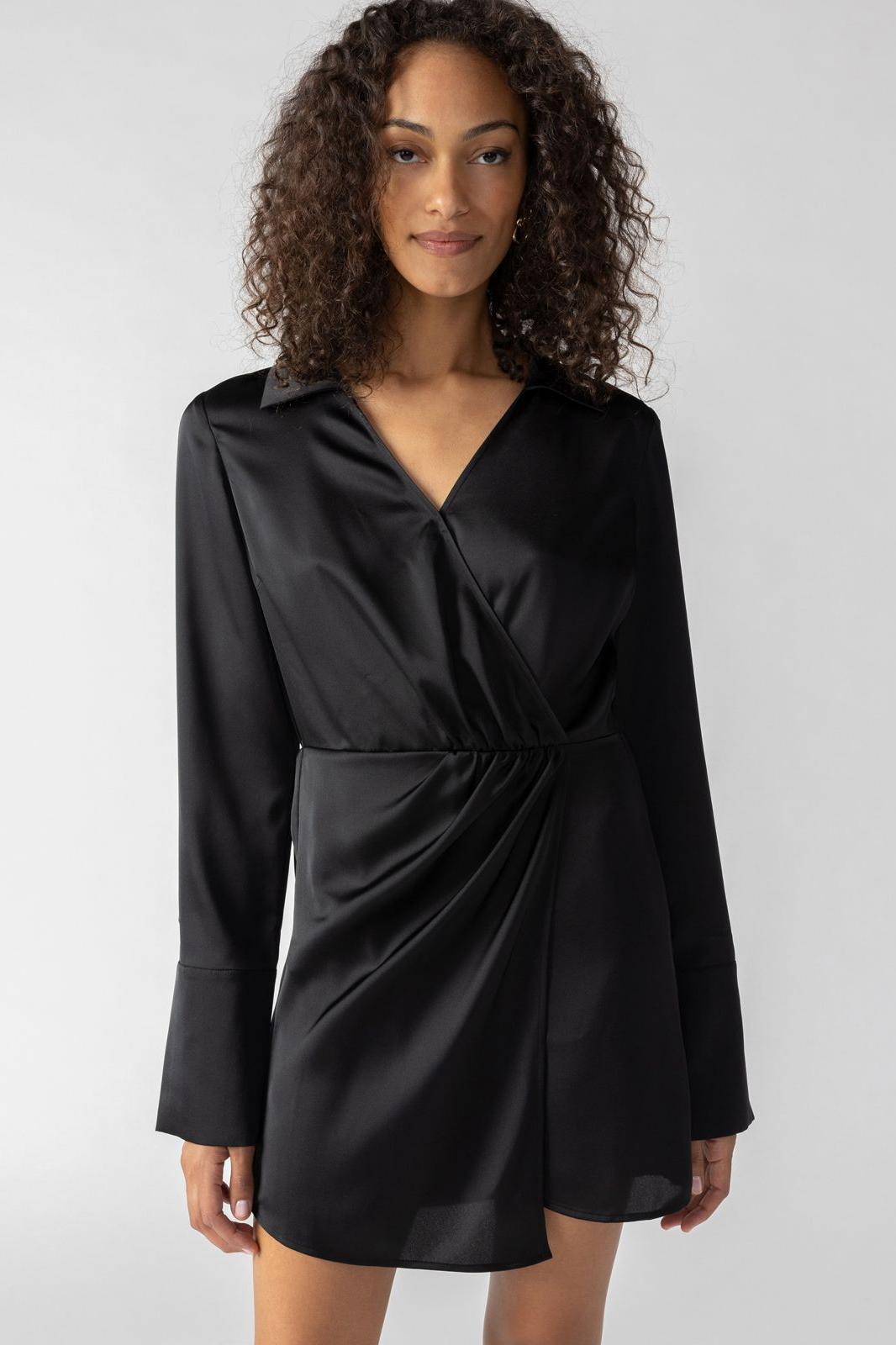 Cuff Detail Wrap Satin Dress - Black Product Image