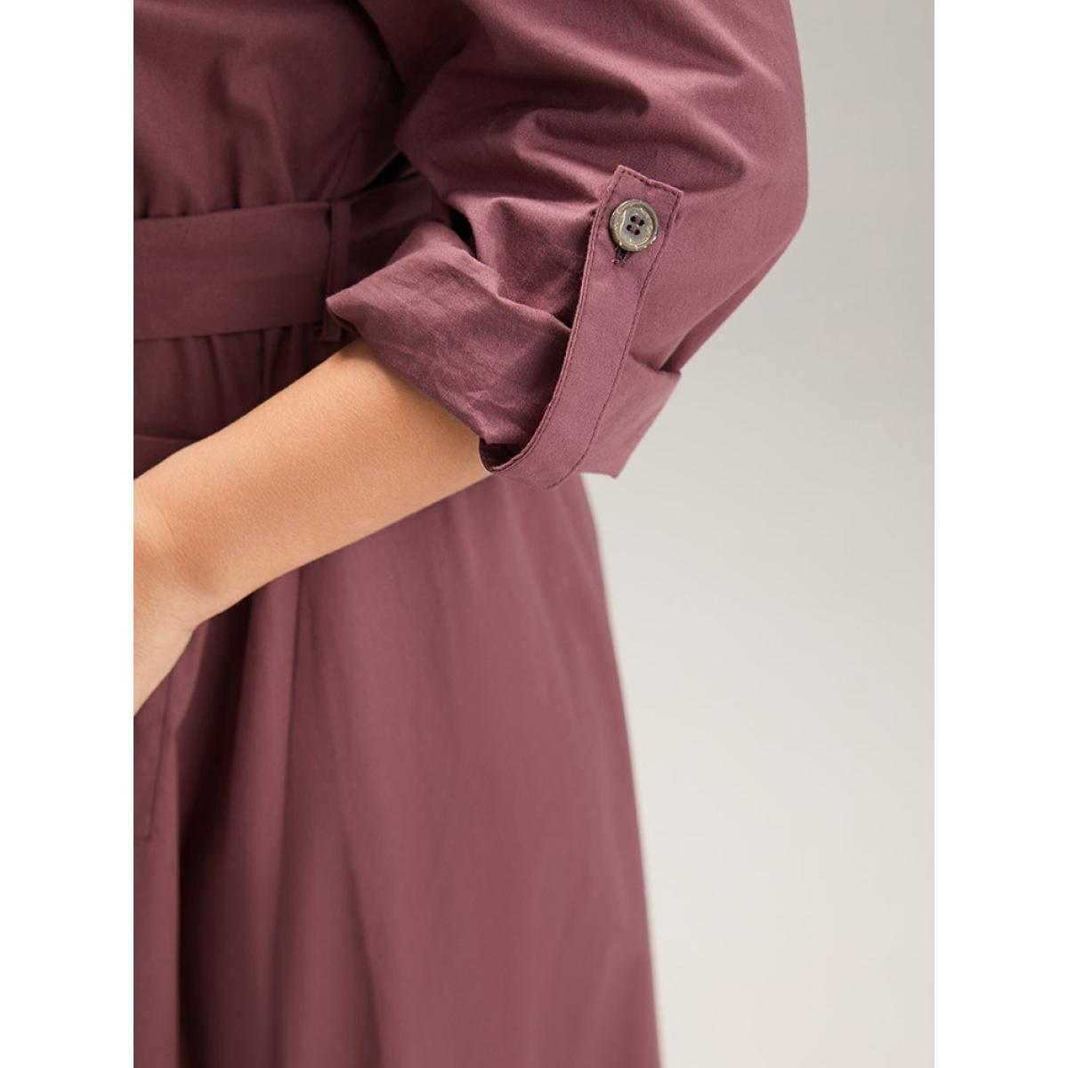 Plus Size Cotton Solid Buckle Detail Pocket Dress Burgundy Women Office Plain Shirt collar Long Sleeve Curvy Midi Dress BloomChic 30/6X Product Image