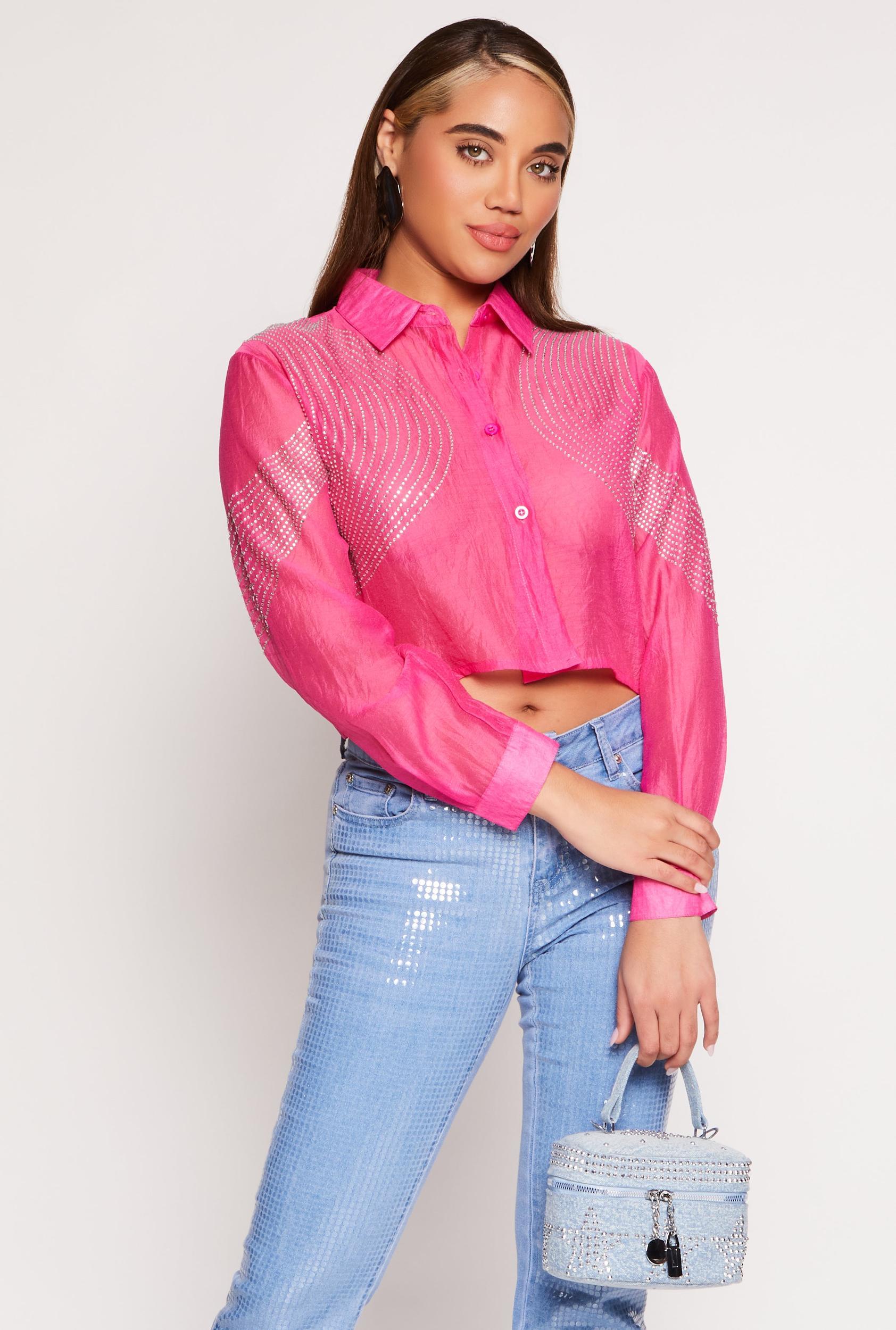 Womens Organza Rhinestone Studded Crop Top Product Image