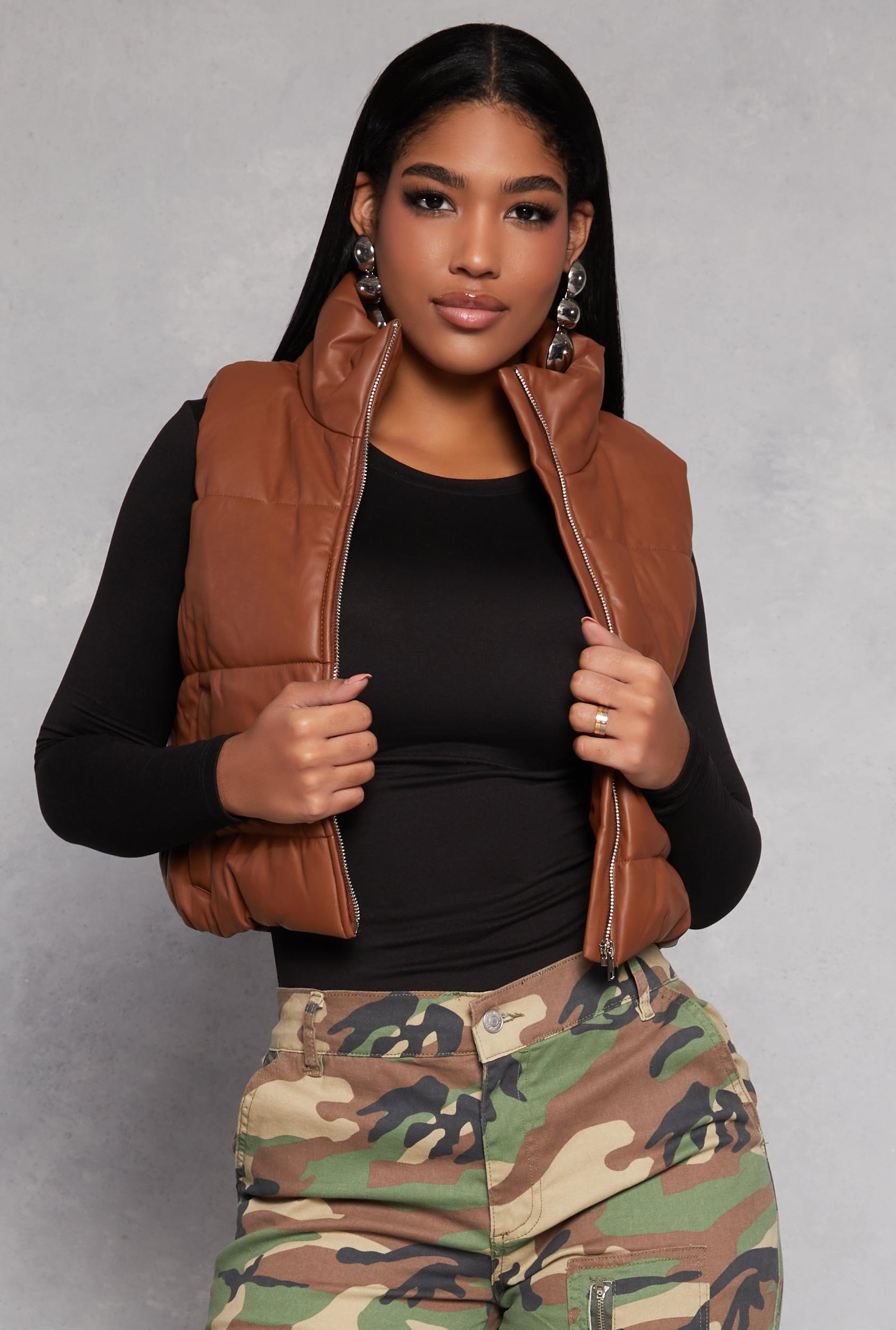 Womens Faux Leather Cropped Puffer Vest Product Image