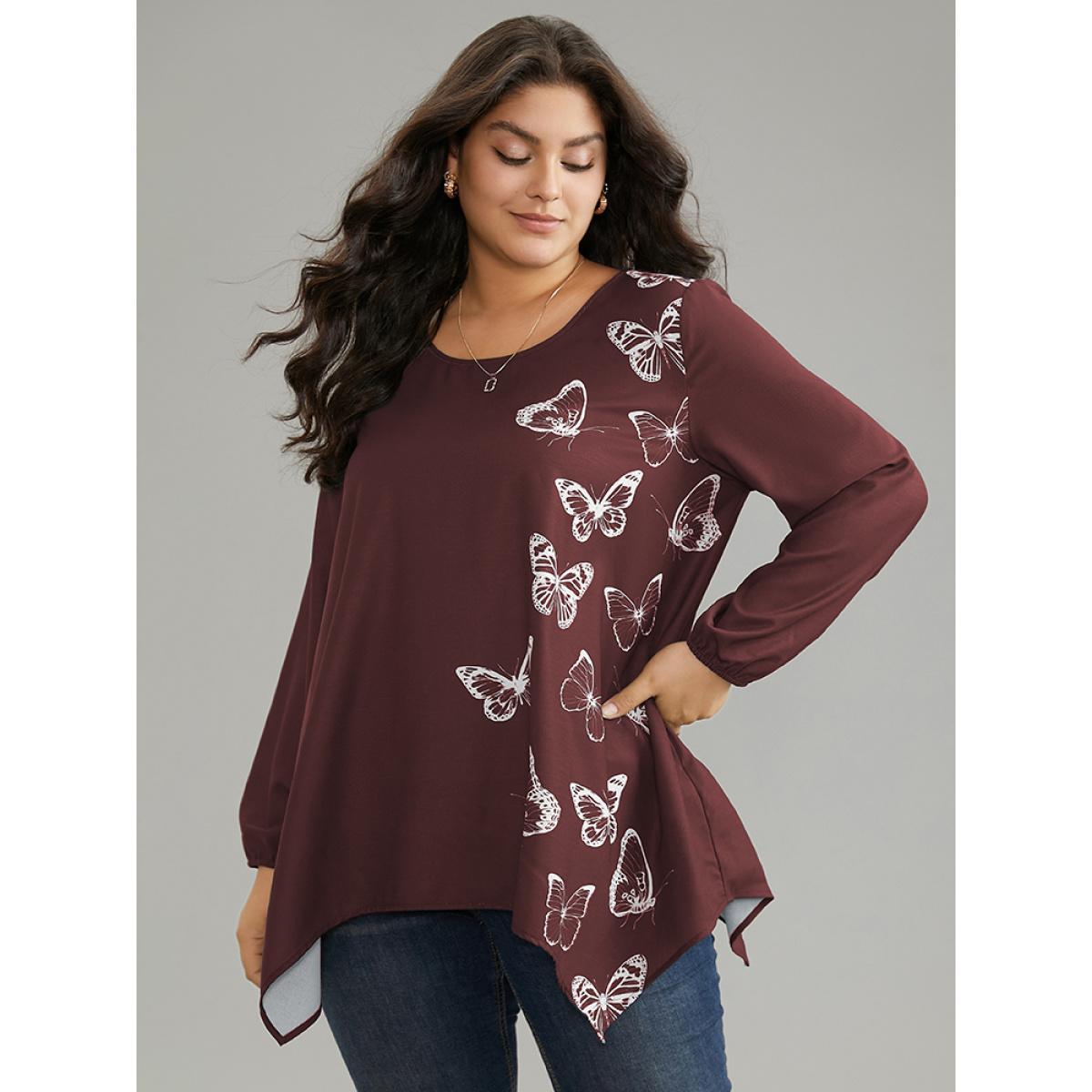 Plus Size Scarlet Butterfly Crew Neck Lantern Sleeve Hanky Hem Blouse Women Elegant Long Sleeve Round Neck Work Blouses BloomChic 12/L Product Image