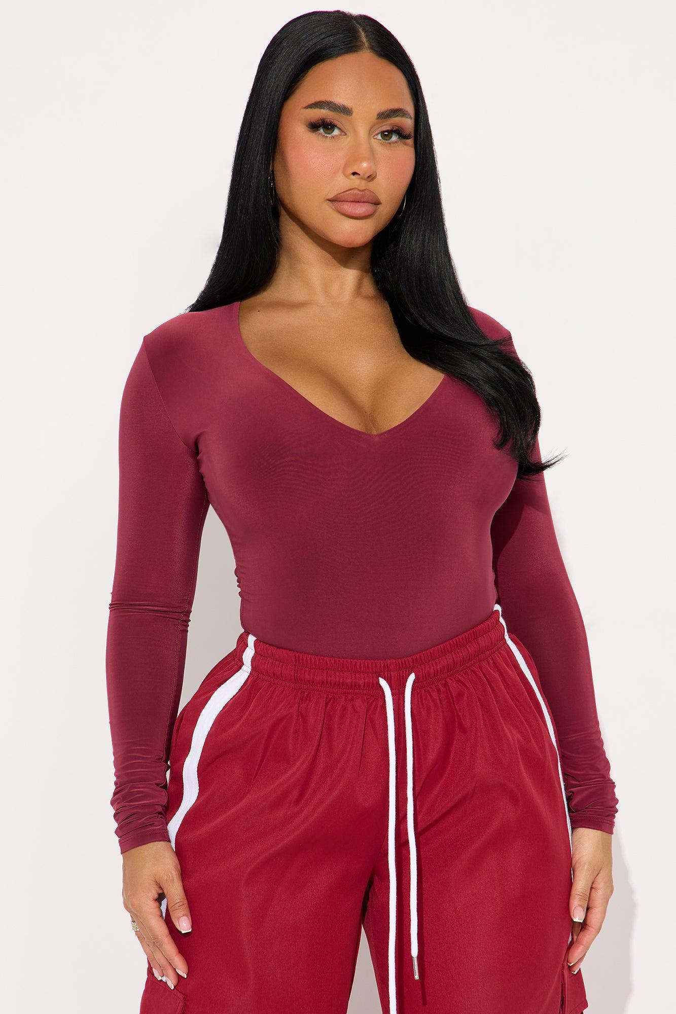 Take The Plunge Lined Long Sleeve Bodysuit - Burgundy Product Image