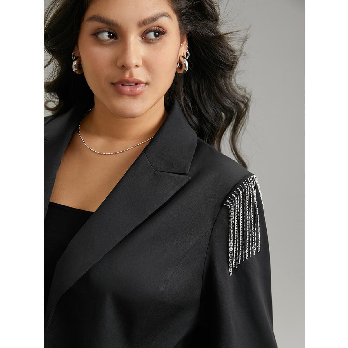 Plus Size Solid Suit Collar Tassel Trim Blazer Black Women Dailywear Plain Tassels Sleeve Long Sleeve Suit Collar 18-20/2X Elegant Blazers BloomChic Product Image