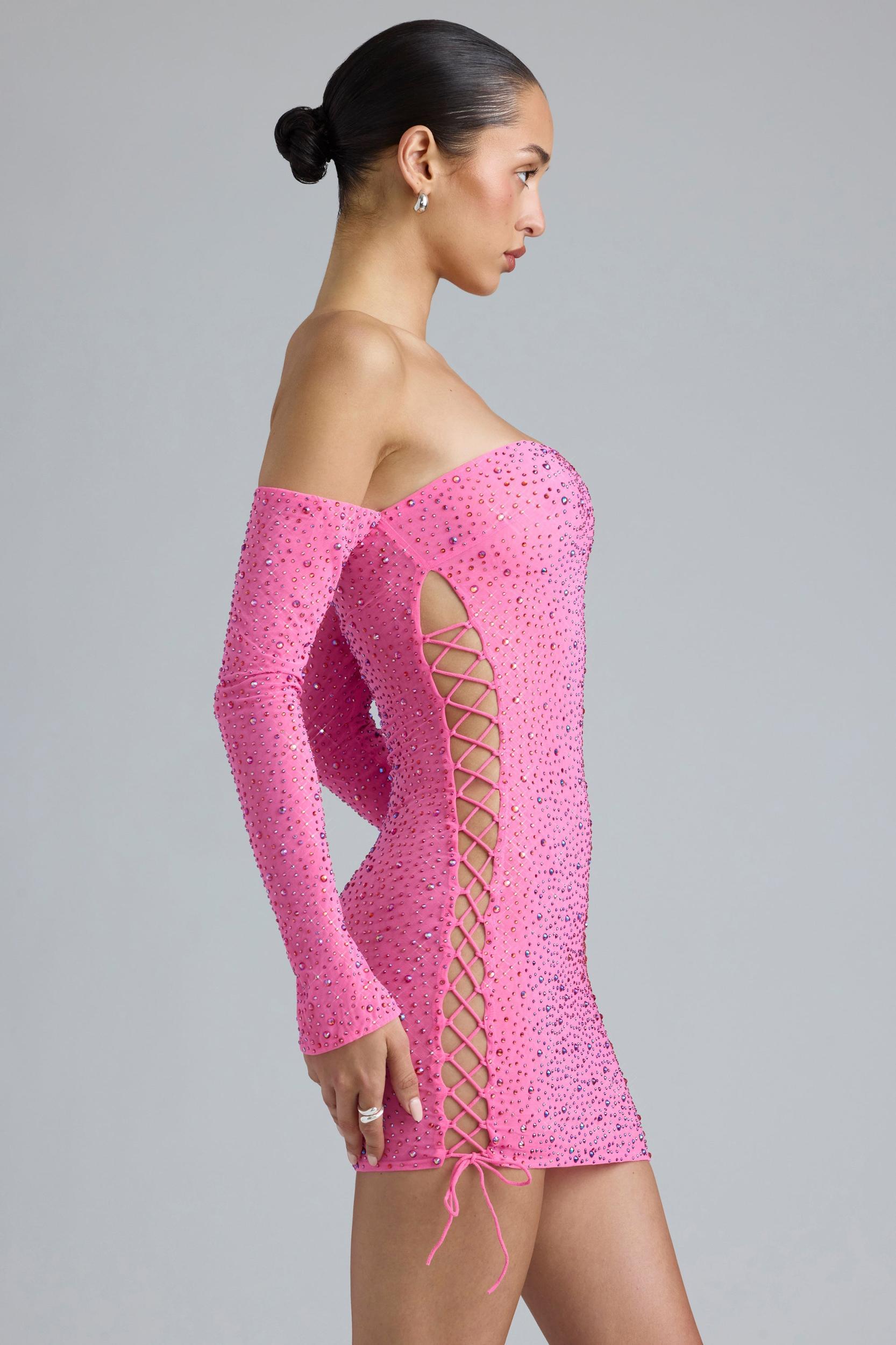 Embellished Lace-Up Off-Shoulder Mini Dress in Bubblegum Pink Product Image