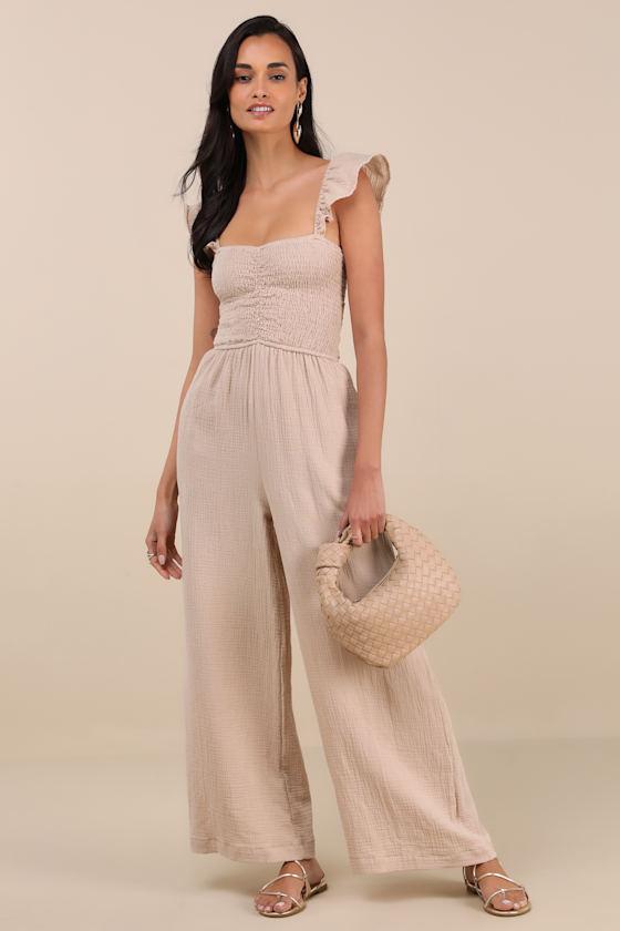 Daniyah Beige Smocked Flutter Sleeve Wide-Leg Jumpsuit Product Image