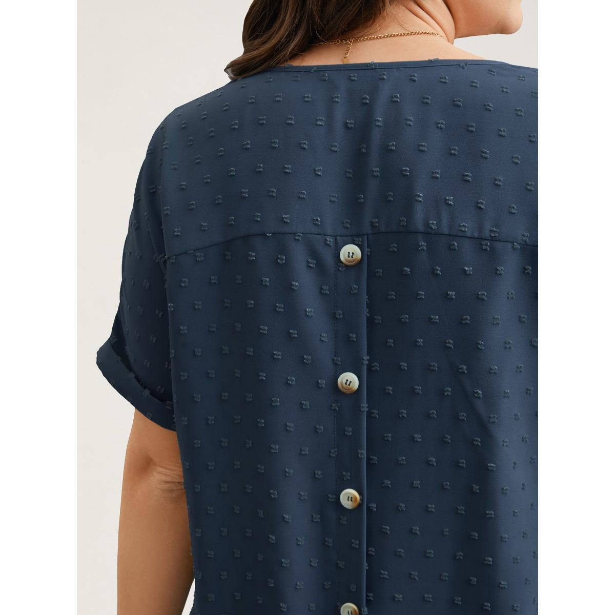 Plus Size Indigo Back-Button Textured V-Neck Shirt Women Elegant Short sleeve V-neck Everyday Blouses BloomChic 12/L Product Image