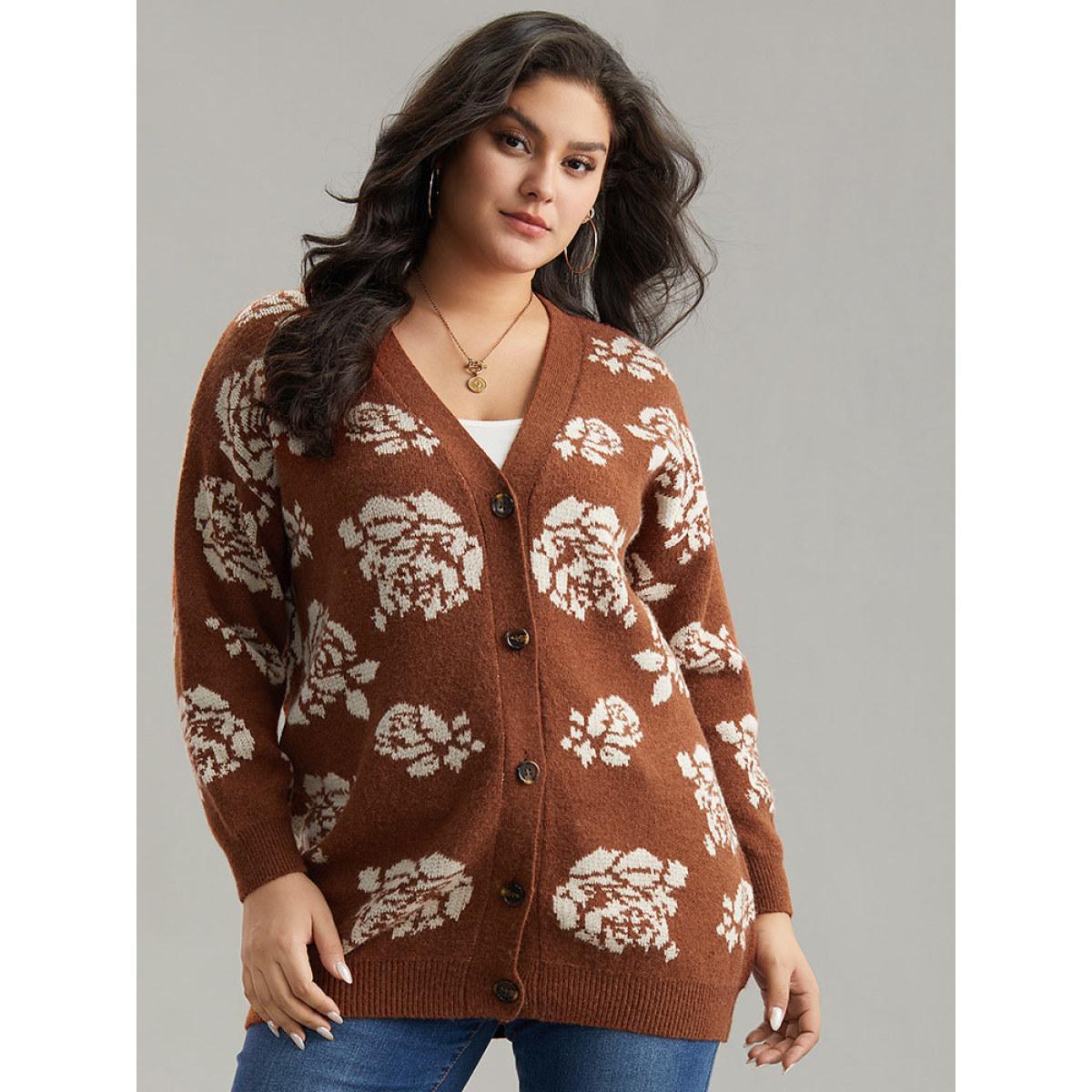 Plus Size Anti-Pilling Floral Print Drop Shoulder Cardigan Chocolate Women Casual Loose Long Sleeve Dailywear Cardigans BloomChic 28/5X Product Image
