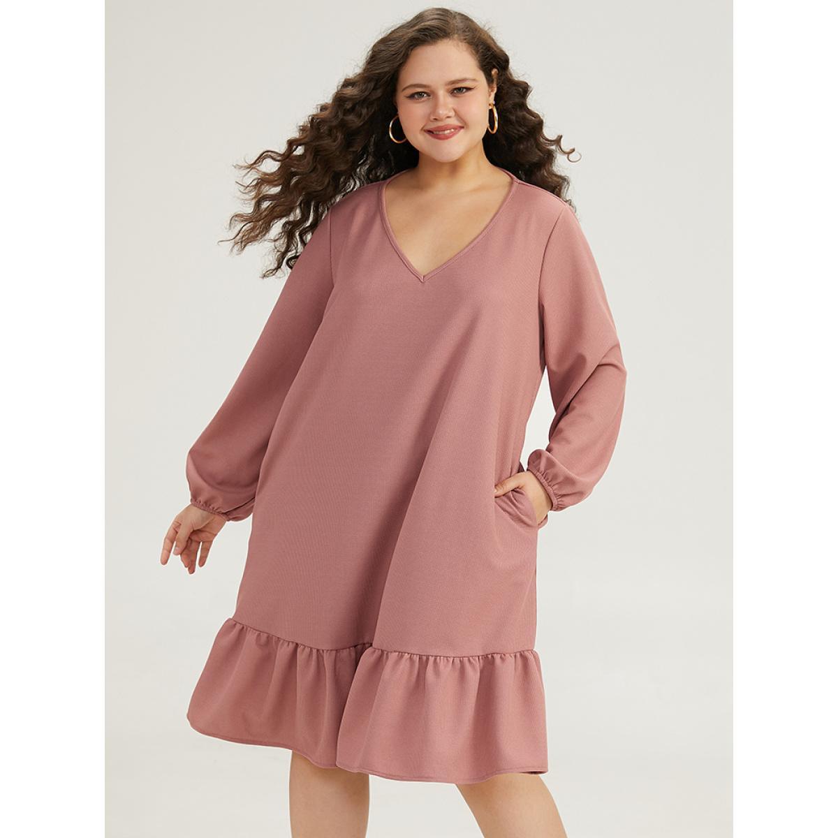 Plus Size Plain Waffle Knit Pleated Texture Ruffle Hem Dress Rouge Women Casual Elastic cuffs V-neck Long Sleeve Curvy Midi Dress BloomChic 14-16/1X Product Image