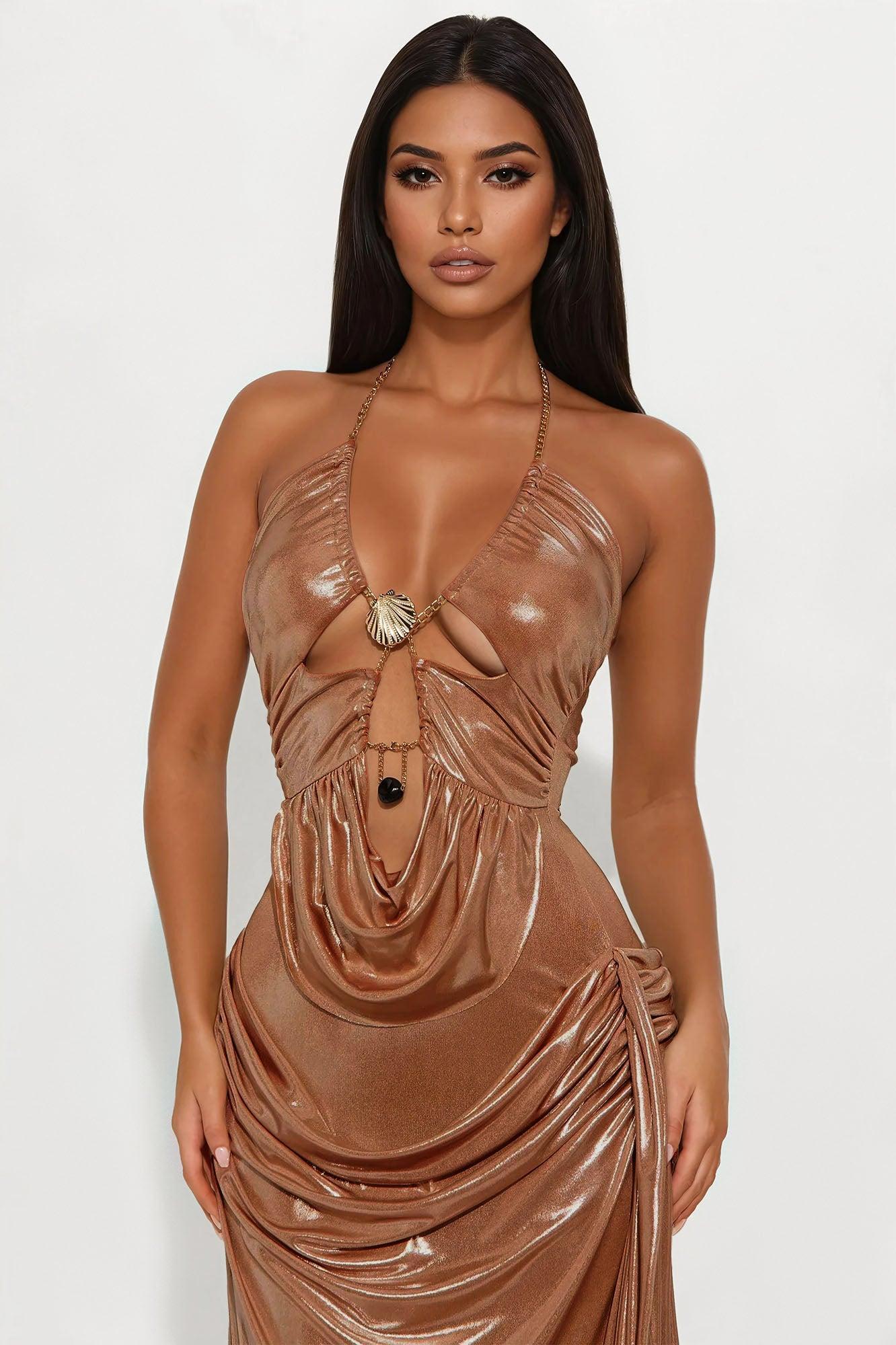 Mira Draped Metallic Maxi Dress - Copper Product Image
