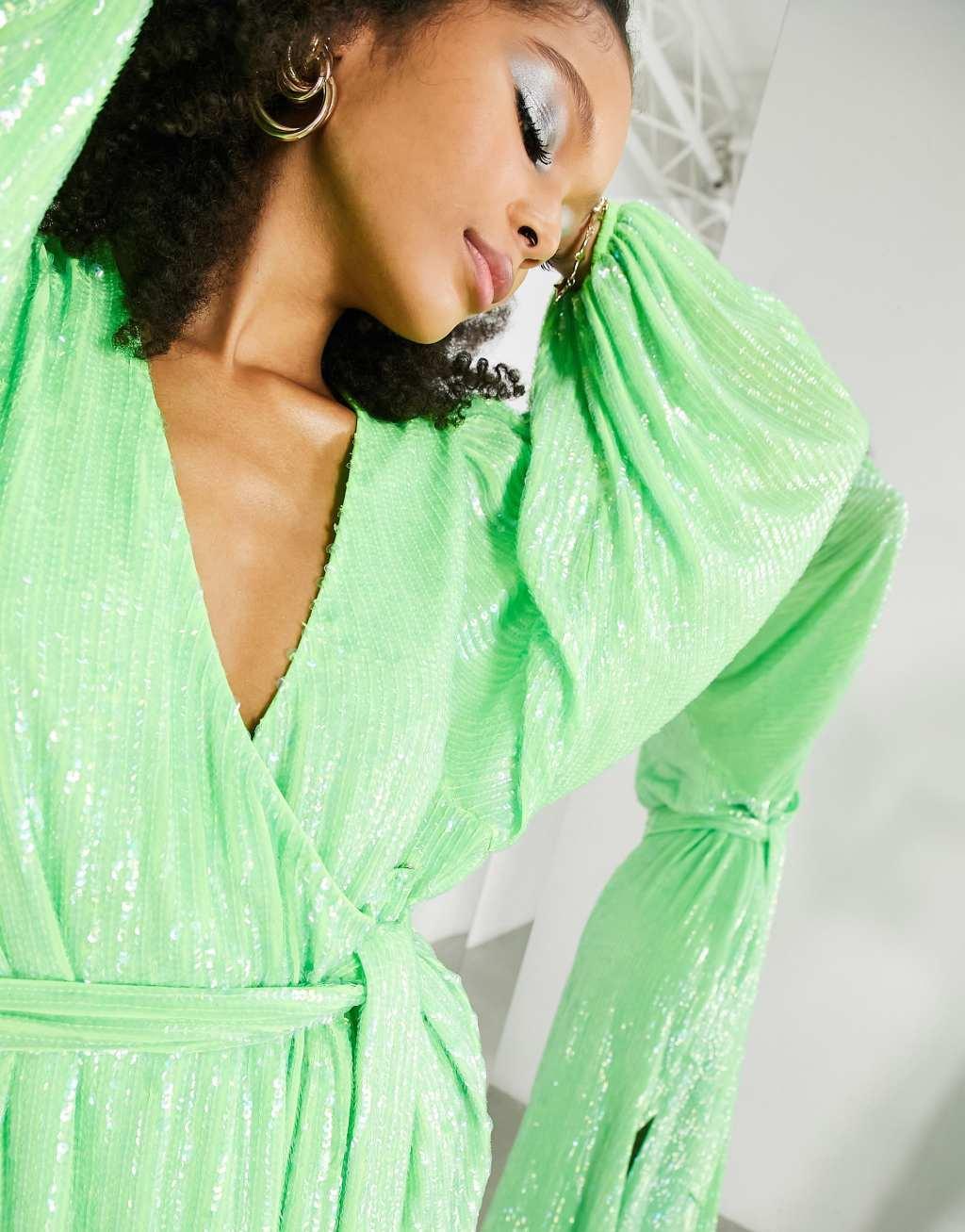 ASOS EDITION crystal sequin wrap midi dress with blouson sleeve Product Image
