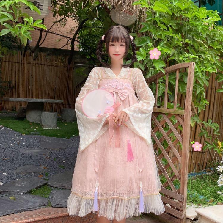 Long-Sleeve V-Neck Floral Embroidered Blouse / Floral Embroidered Midi Jumper Dress Product Image