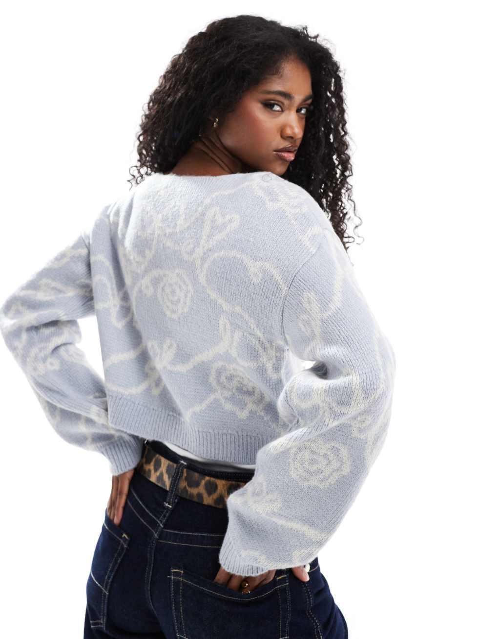 ASOS DESIGN knitted tie front cardigan in blue print Product Image